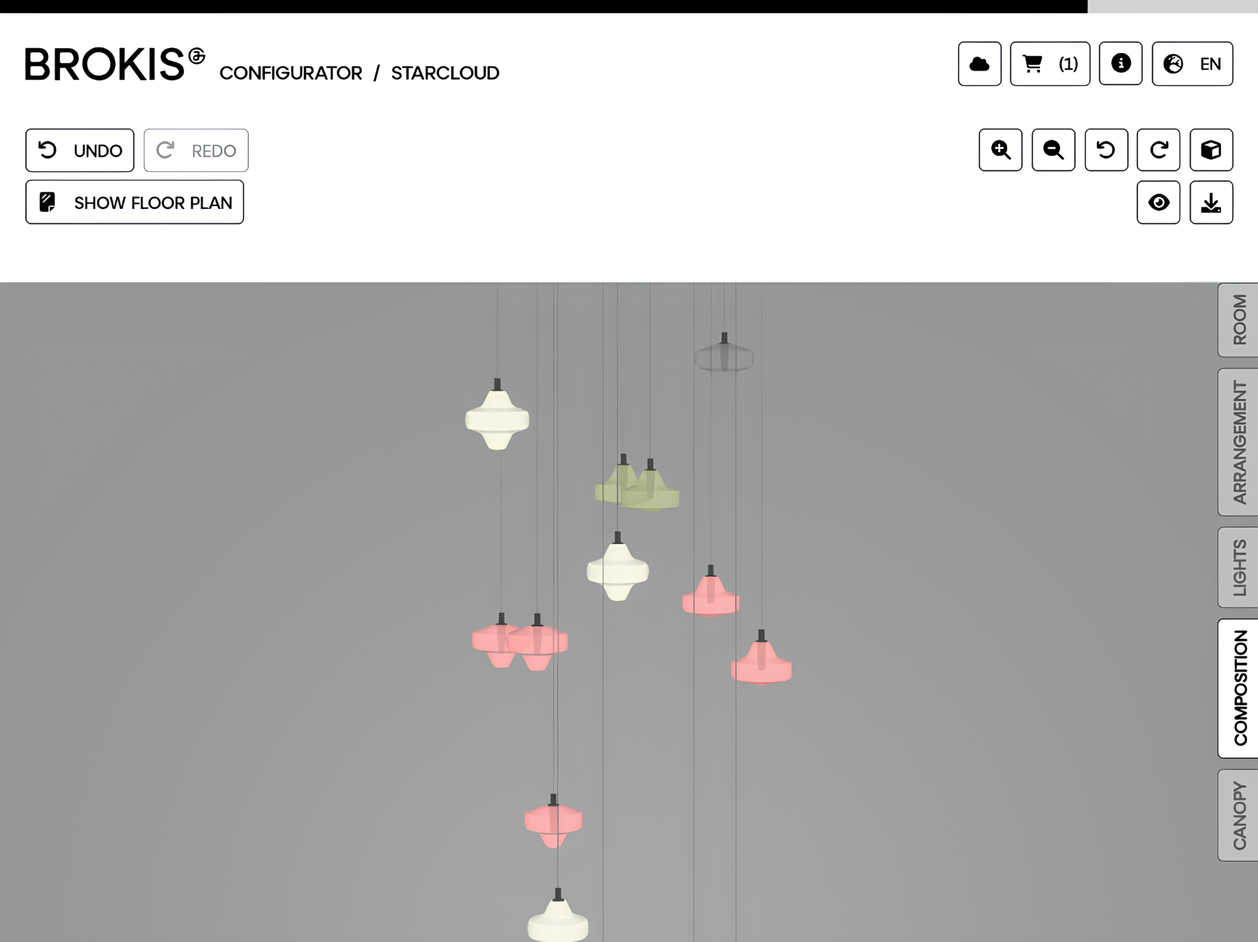 Brokis Starcloud lights in green, white, and pink cascade at varied heights in an online configurator.