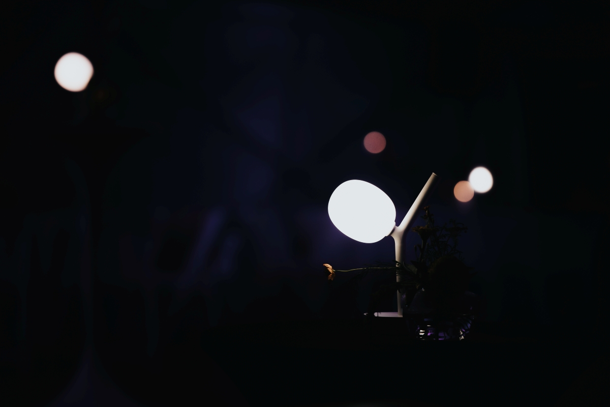 A Brokis Ivy Battery lamp glows in a dark room, contrasting elegantly with the blurred ambient lights.