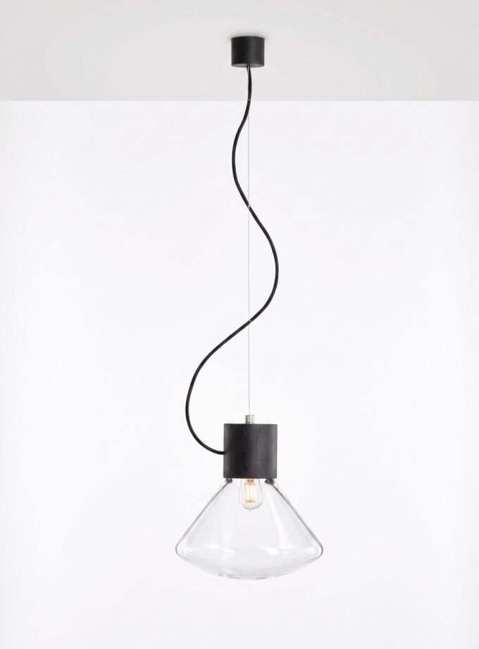 Brokis Muffins Wood 07 in clear glass with black metal finish.