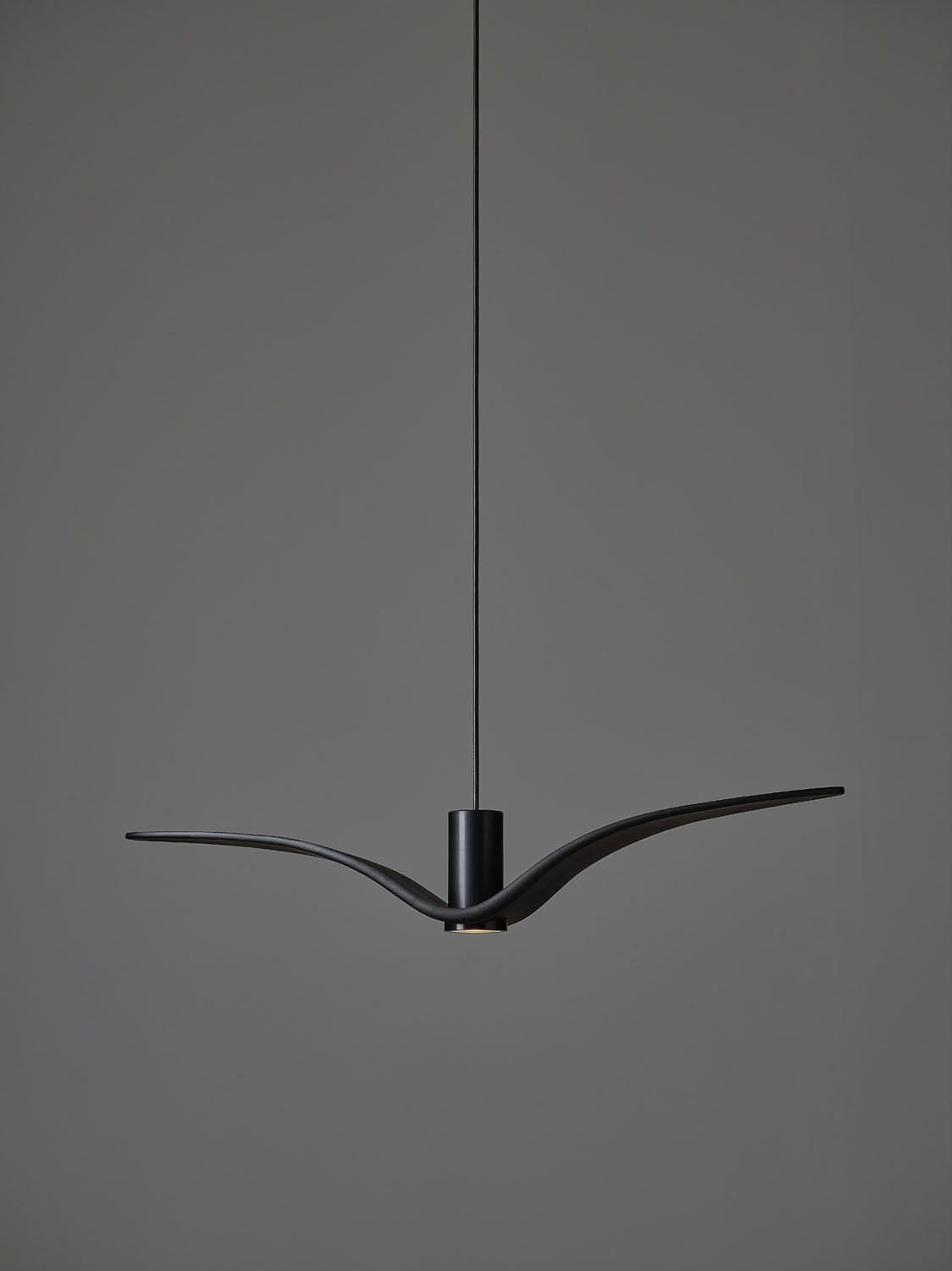 Brokis Night Birds Exterior Up pendant, a hand-blown fitting in matte black, floats elegantly against a soft grey backdrop.