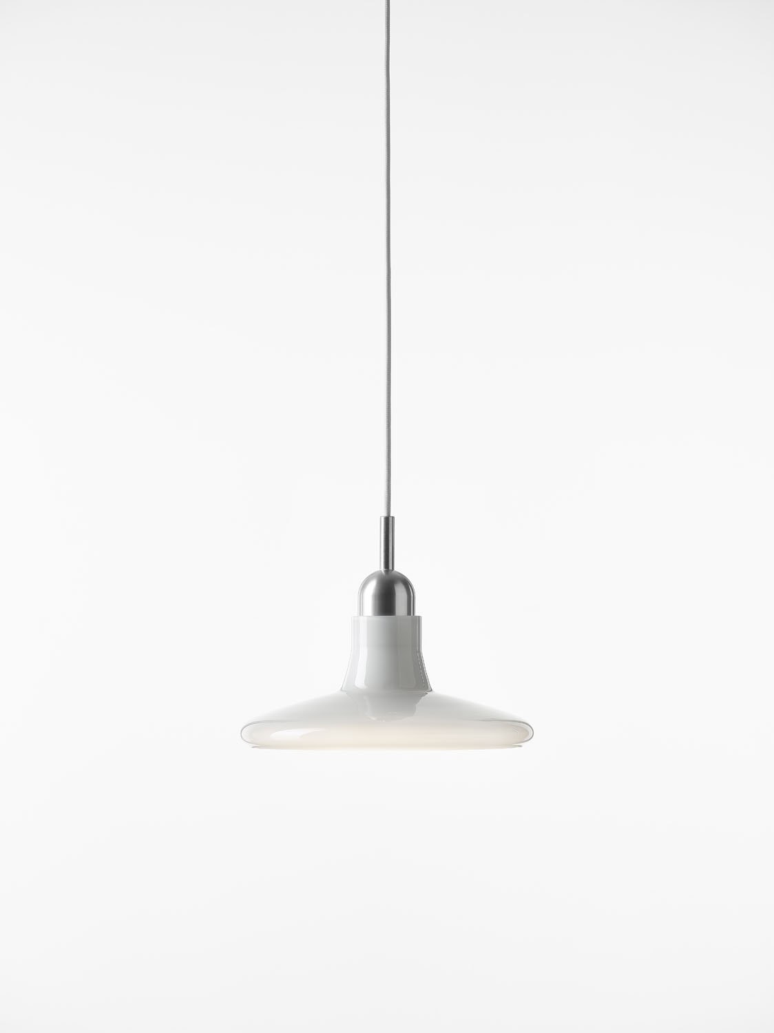 Shadows Exterior Large Pendant by Brokis, with a wide hand-blown white glass shade and metallic top, exudes sculptural elegance.