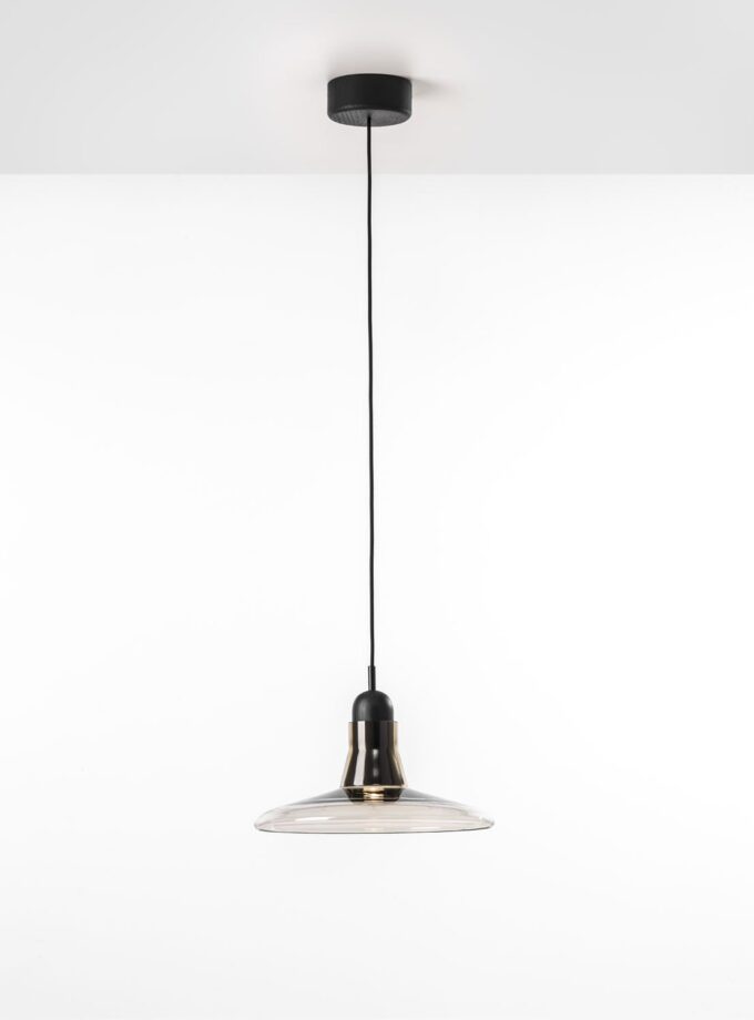 Shadows XL Large Pendant by Brokis features a sculptural clear glass shade and black accents, exuding refined minimalism.