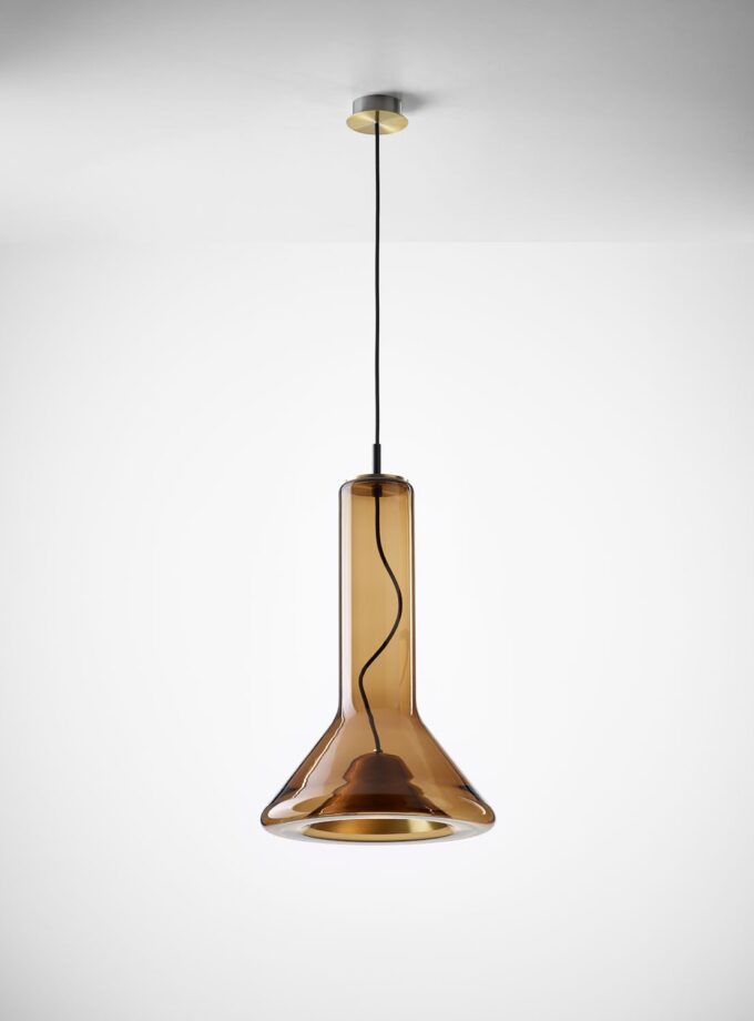 Brokis Whistle Medium Pendant showcases handblown brown glass with a sleek neck and wide base, elegantly suspended.