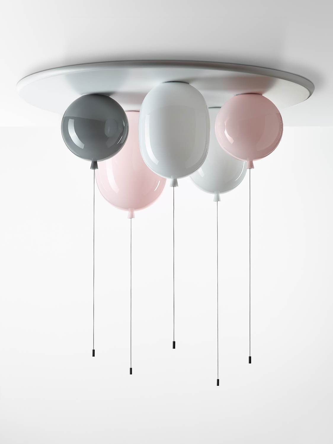 Brokis Memory Set L Oval ceiling lamps in grey, pink, and white, elegantly suspended.