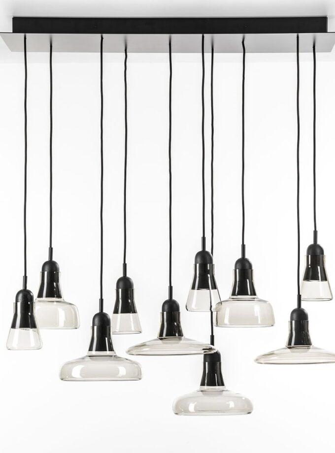 Brokis Shadows Set Rectangular Canopy Large features ten sculptural handblown glass pendants.