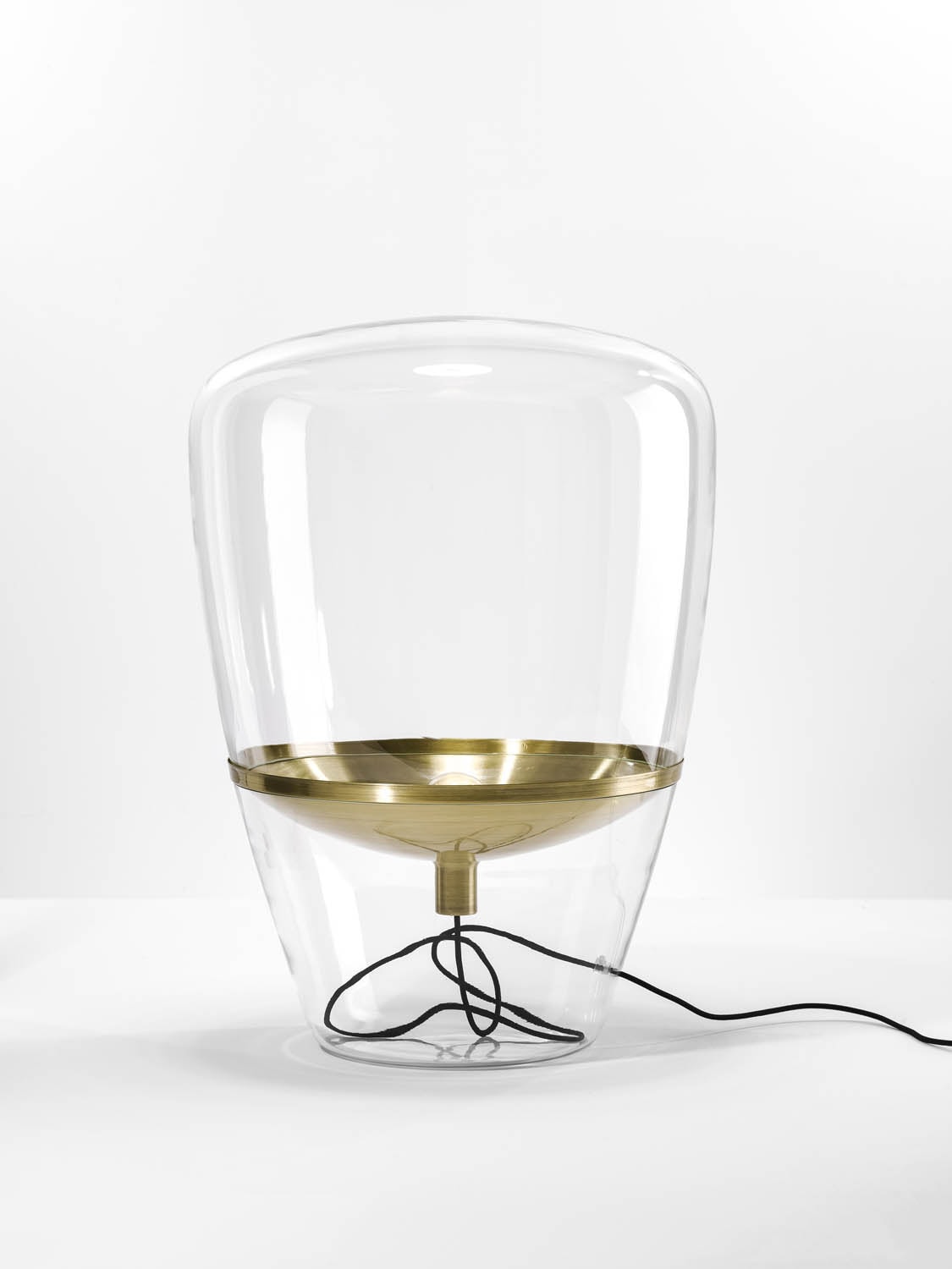 Balloons Medium by Brokis: a sculptural table lamp with a wide hand-blown crystal shade and brass detail, exuding elegance.