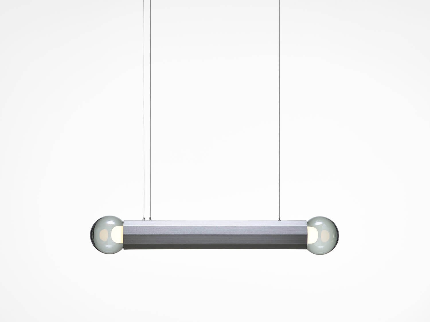 Brokis Prisma Chandelier Double Small 700 features sculptural handblown glass spheres on a sleek metallic bar.