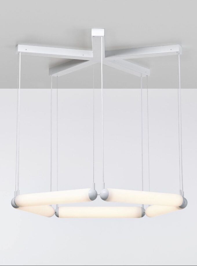 Brokis Puro Contour Pentagon 600 Chandelier: sculptural, handblown tubes in a pentagonal ring, aloft on slim cables.