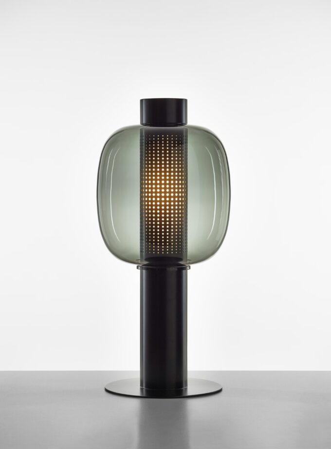 Brokis Bonbori Outdoor Large lamp features a sculptural black base and handblown grey glass shade with artful light play.