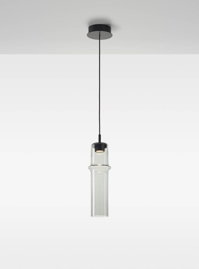 Brokis Bamboo Forest M Up Pendant showcases a handblown glass shade, elegantly suspended from a sleek black fitting.