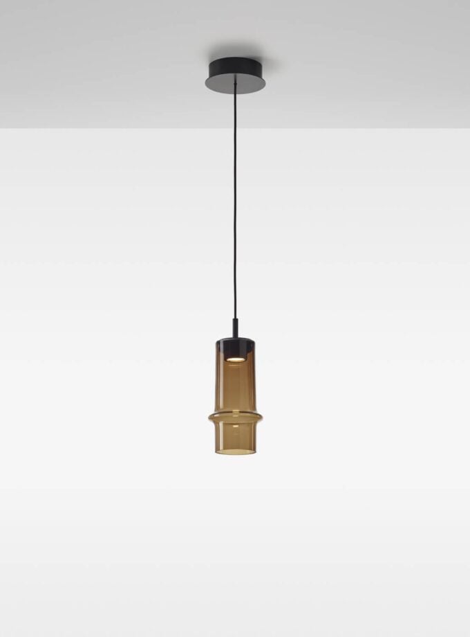 Brokis Bamboo Forest S Pendant features handblown smoke brown glass and a black flex, glowing in minimalist luxury.