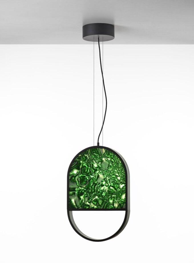 Brokis Geometric Oval 2/3 Top Pendant features handblown green BROKISGLASS and an elegant open metal curve.