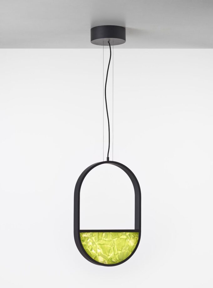 Brokis Geometric Oval 1/3 Bottom Pendant shines with a matte black frame and textured green apple BROKISGLASS.