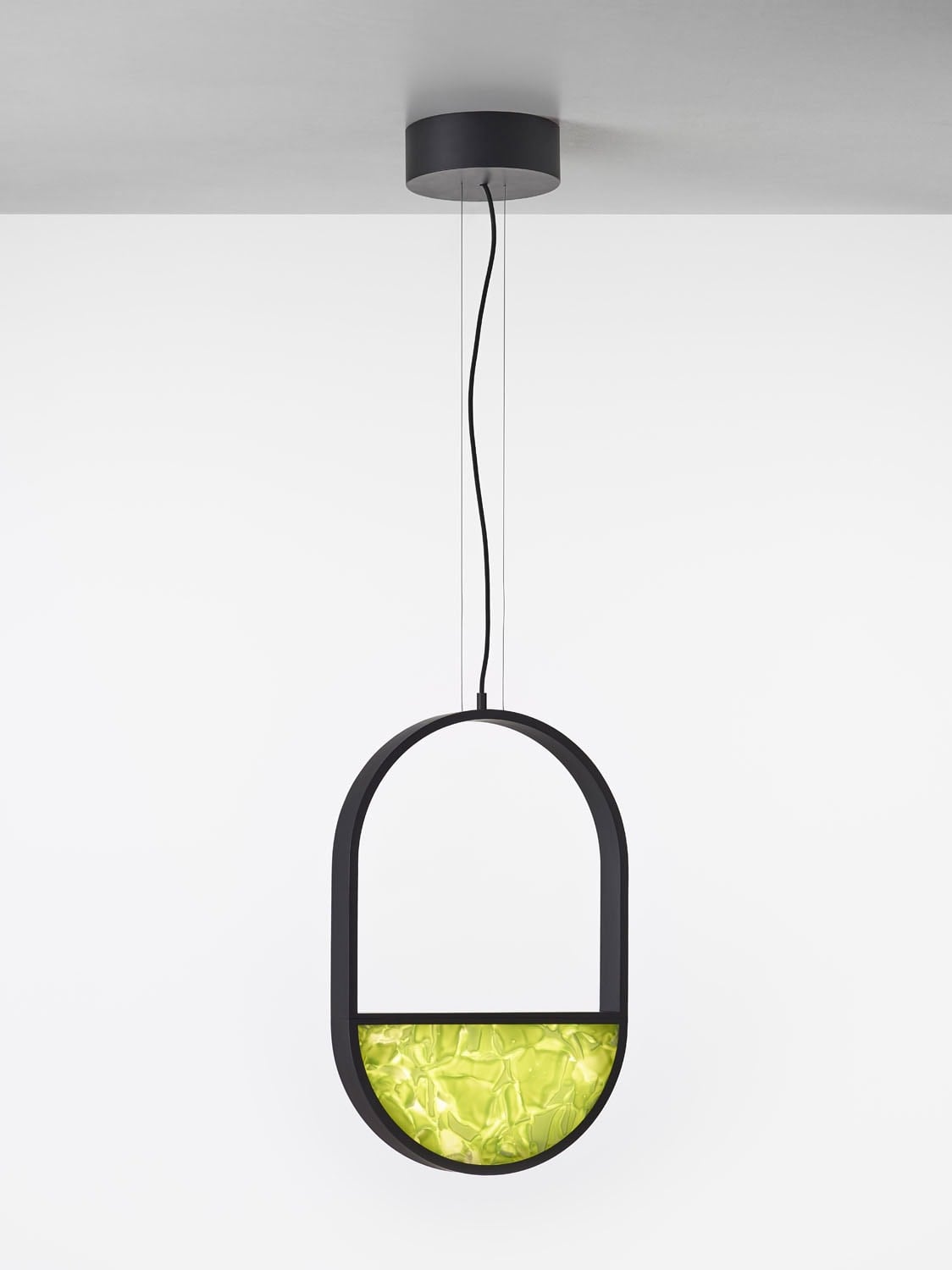 Brokis Geometric Oval 1/3 Bottom Pendant shines with a matte black frame and textured green apple BROKISGLASS.