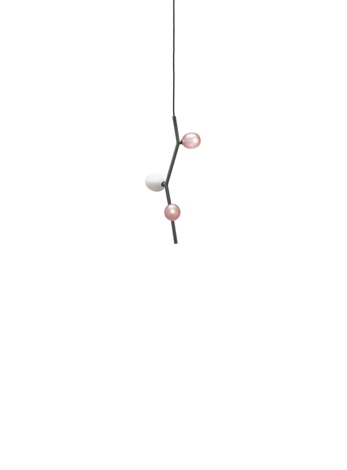 Brokis Ivy Vertical 3 Pendant showcases handblown, sculptural oval bulbs—two in pink, one white—on a sleek black stem.