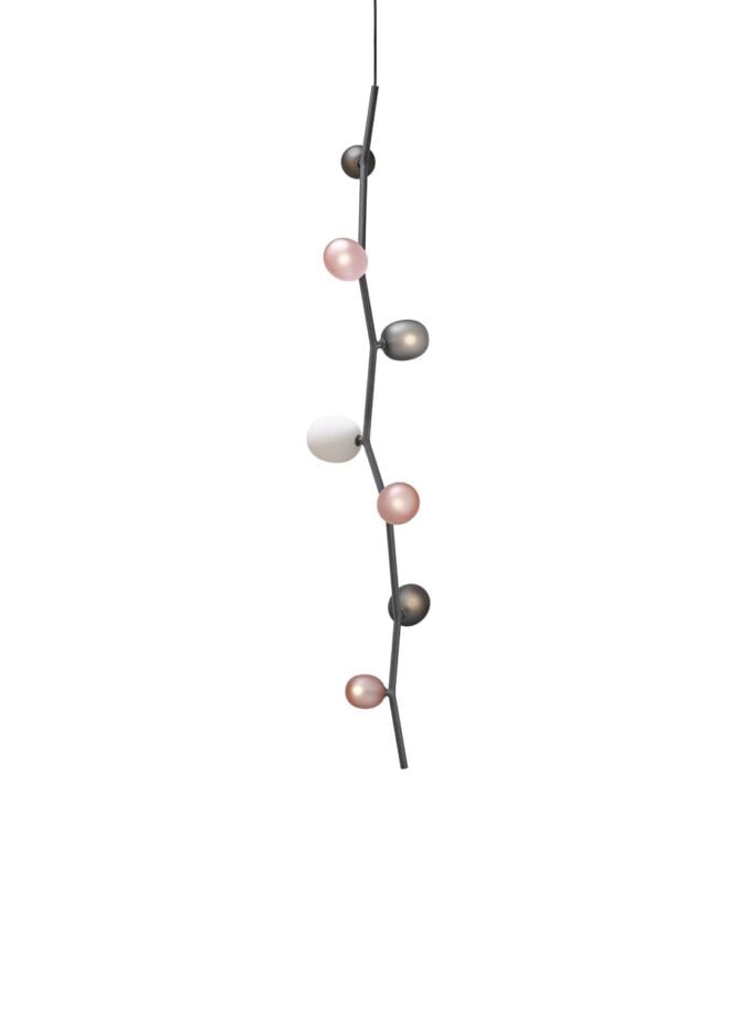 Brokis Ivy Vertical 7 Pendant showcases handblown glass orbs in pink, white, and grey on a sculptural black rod.