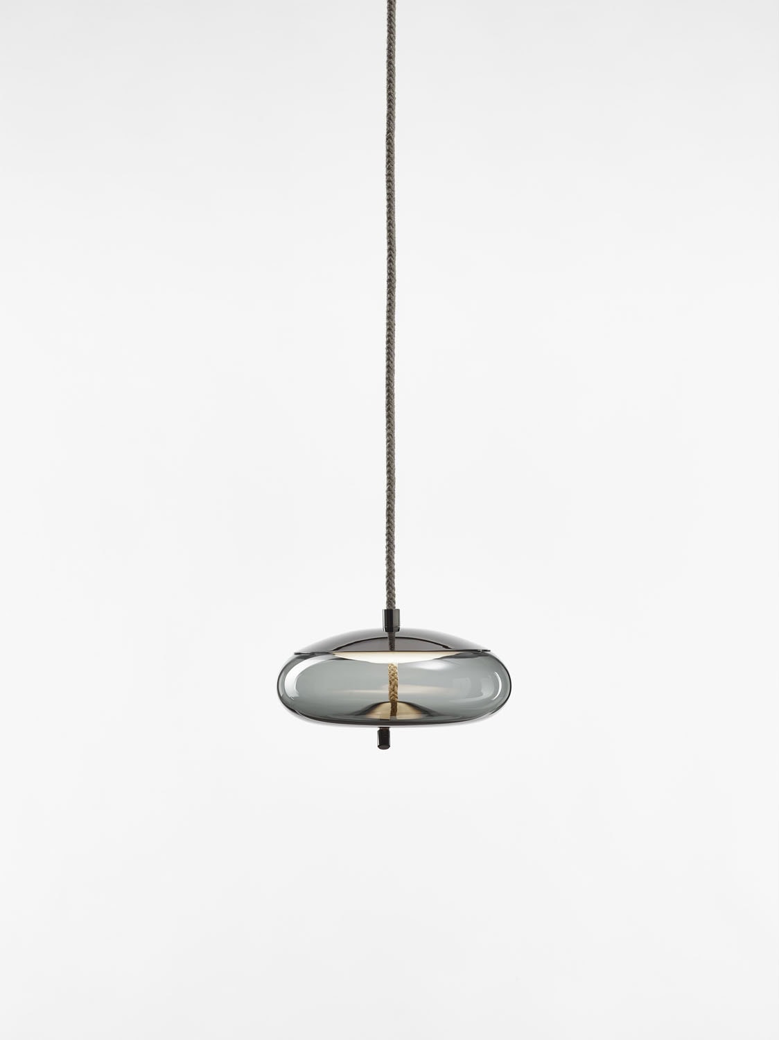 Brokis Knot Small Disco Pendant with handblown, grey glass and sculptural rope cord exudes refined minimalist luxury.