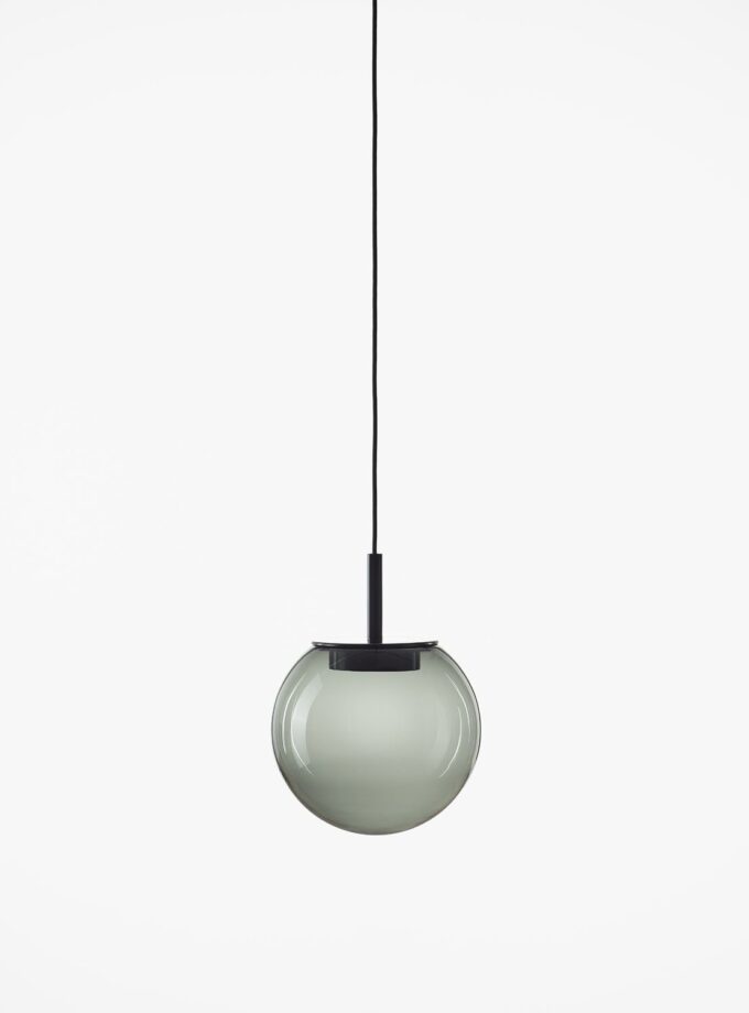 Brokis Orbis 300 Pendant showcases a handblown, sculptural glass sphere with a sleek black cap, exuding modern luxury.