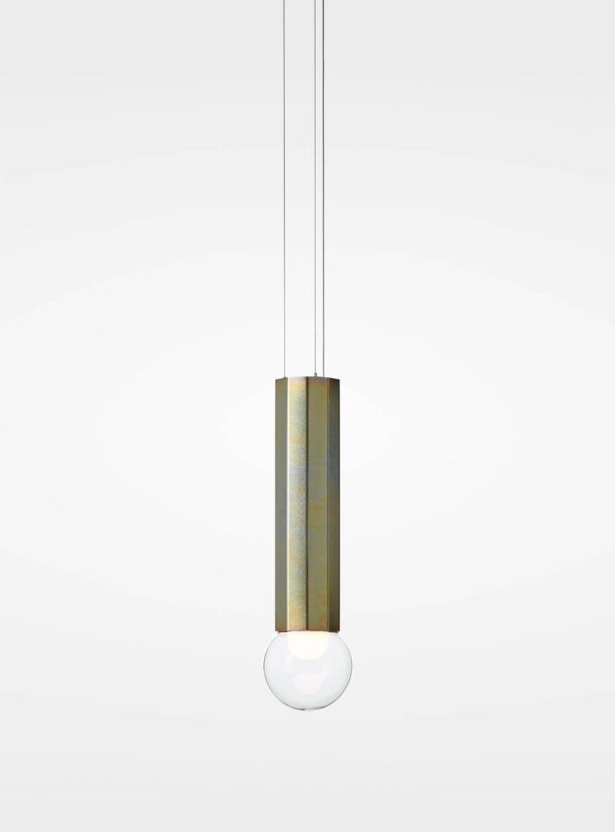 Brokis Prisma Single Large 500: a sculptural, handblown glass bulb and yellow zinc cylinder evoke modern luxury.