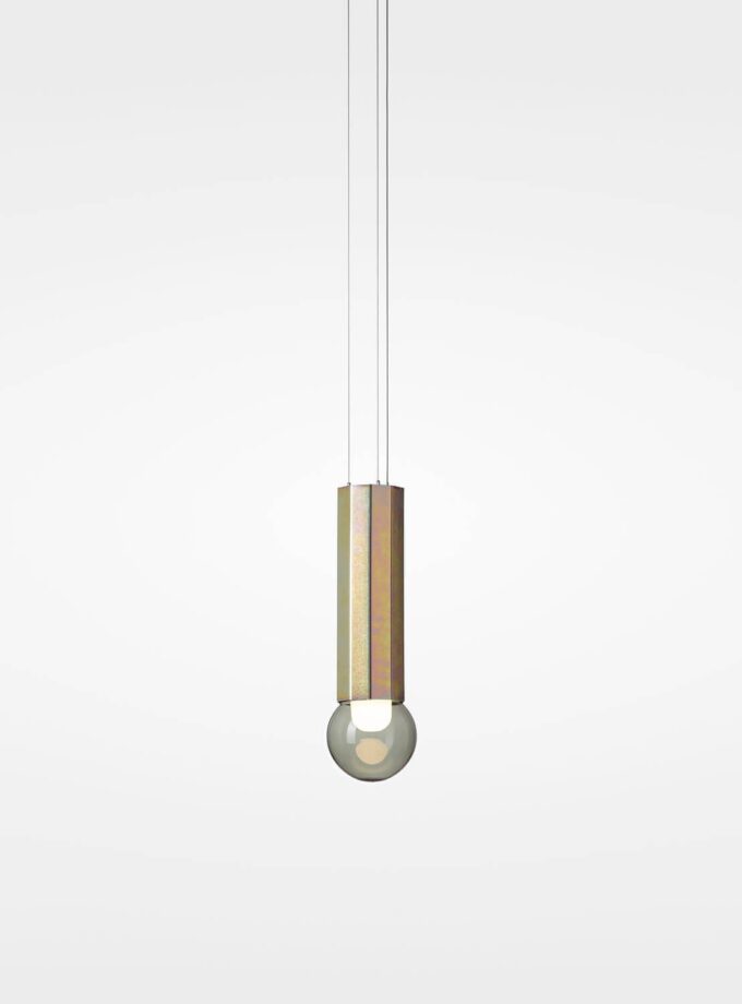 Brokis Prisma Pendant Single Small 350 showcases a sculptural gold hexagon with a handblown glass sphere aglow.