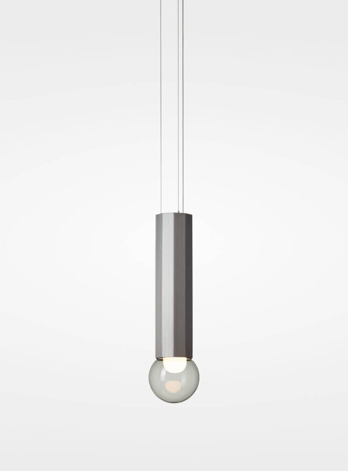 Brokis Prisma Chandelier Double Small 700: sculptural hexagonal metal tube and glass globe, suspended in minimalist elegance.