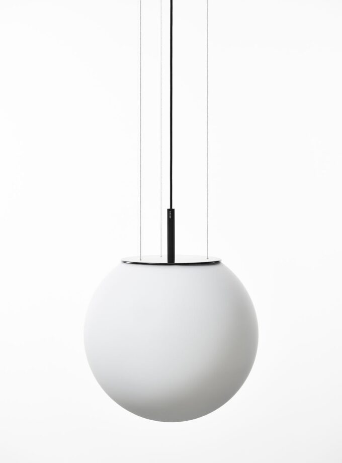 Brokis Sfera 500 Pendant in handblown opaque white glass, suspended by slender black wires against a crisp white background.