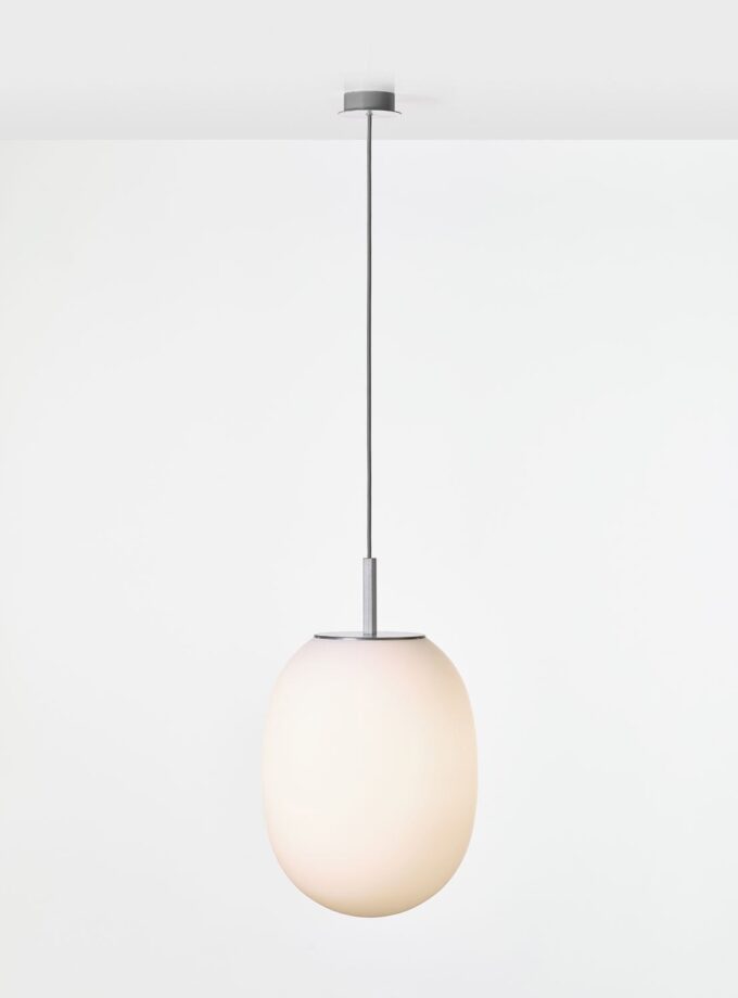Brokis Sfera Oval 345 Pendant features frosted glass and sculptural silver accents, suspended on a slender flex.