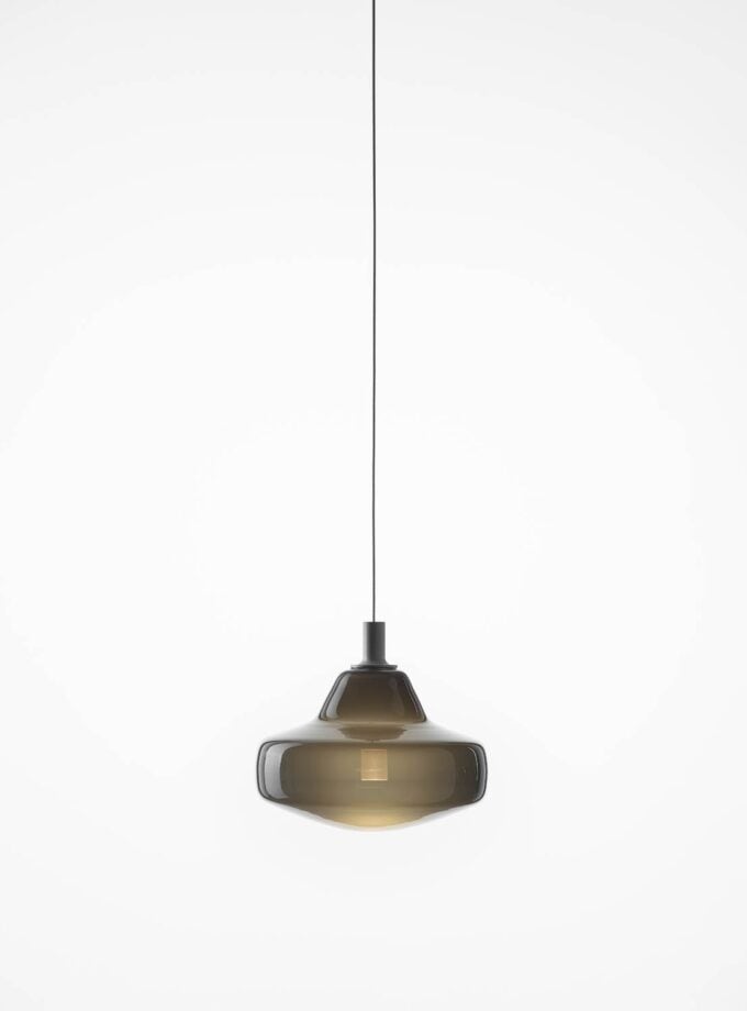 Brokis Starcloud Atria Pendant glows softly, its smoke grey glass and slender cord exuding sculptural elegance.