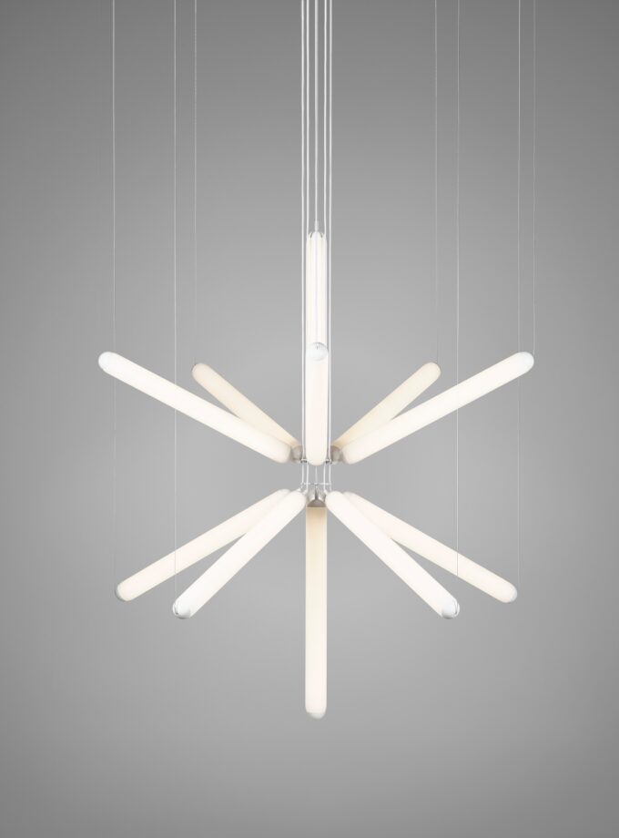 Brokis Puro Sparkle 1000 Chandelier showcases eight sculptural, glowing rods in a radiant, handblown crystal starburst.