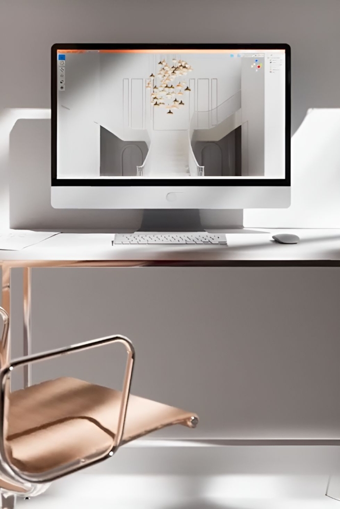 A desktop computer showing the Brokis Configurator anchors a sunlit white desk with a luxurious metallic chair and papers.