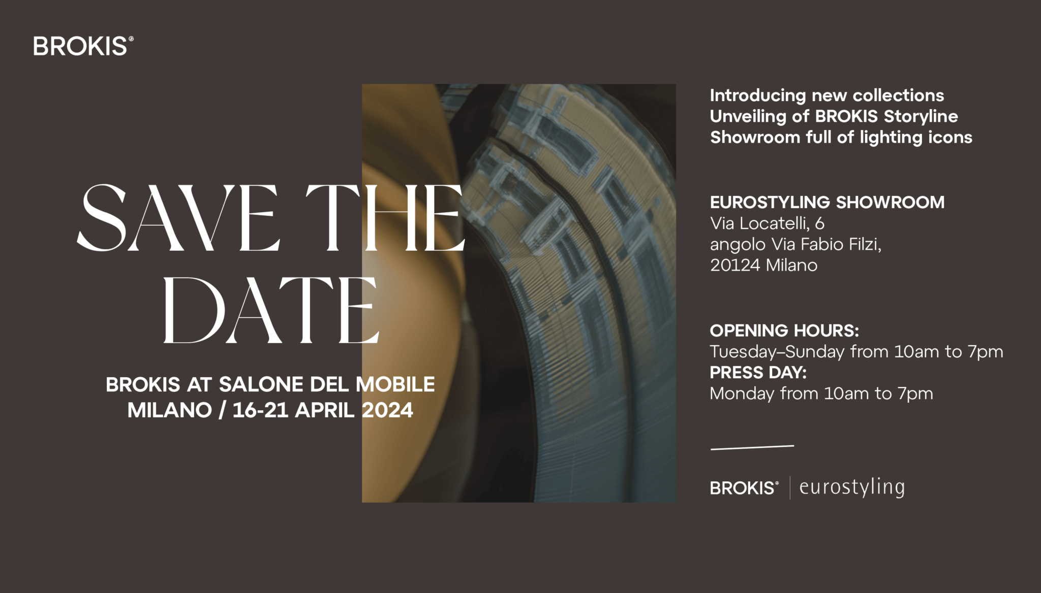 Sleek Save the Date for Salone del Mobile 2024 with blurred sculptural Brokis lighting, luxe event details, venue, and logos.