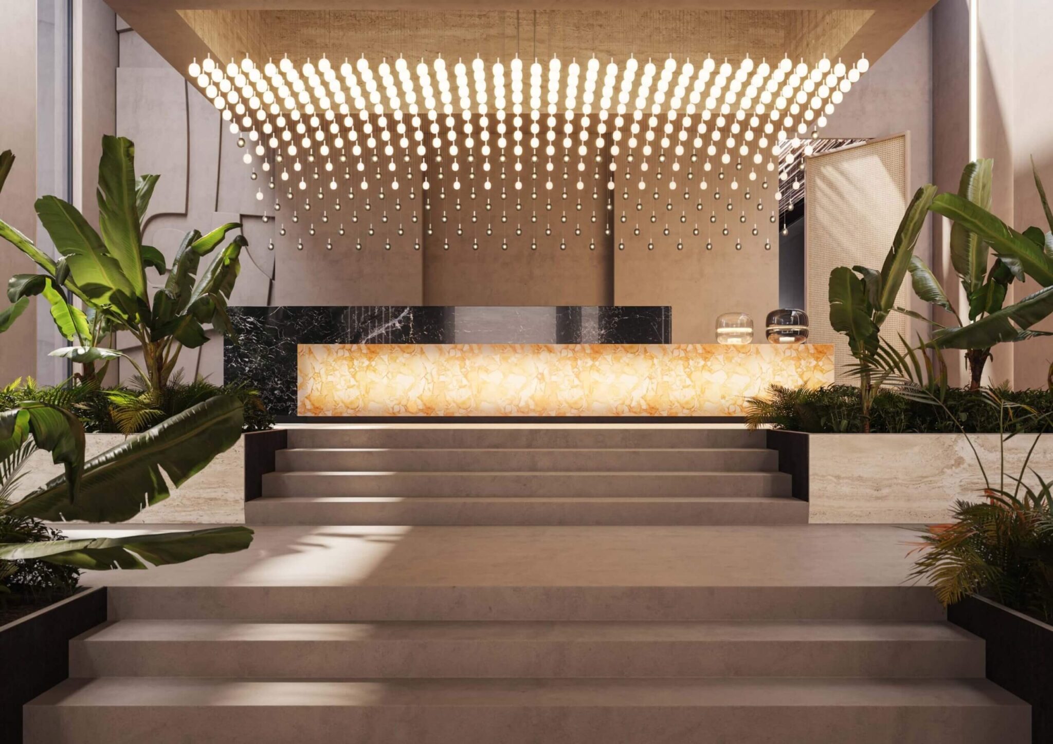 A modern hotel lobby with a backlit marble reception desk, lush greenery, and an elegant ceiling display of Ivy Single lights.