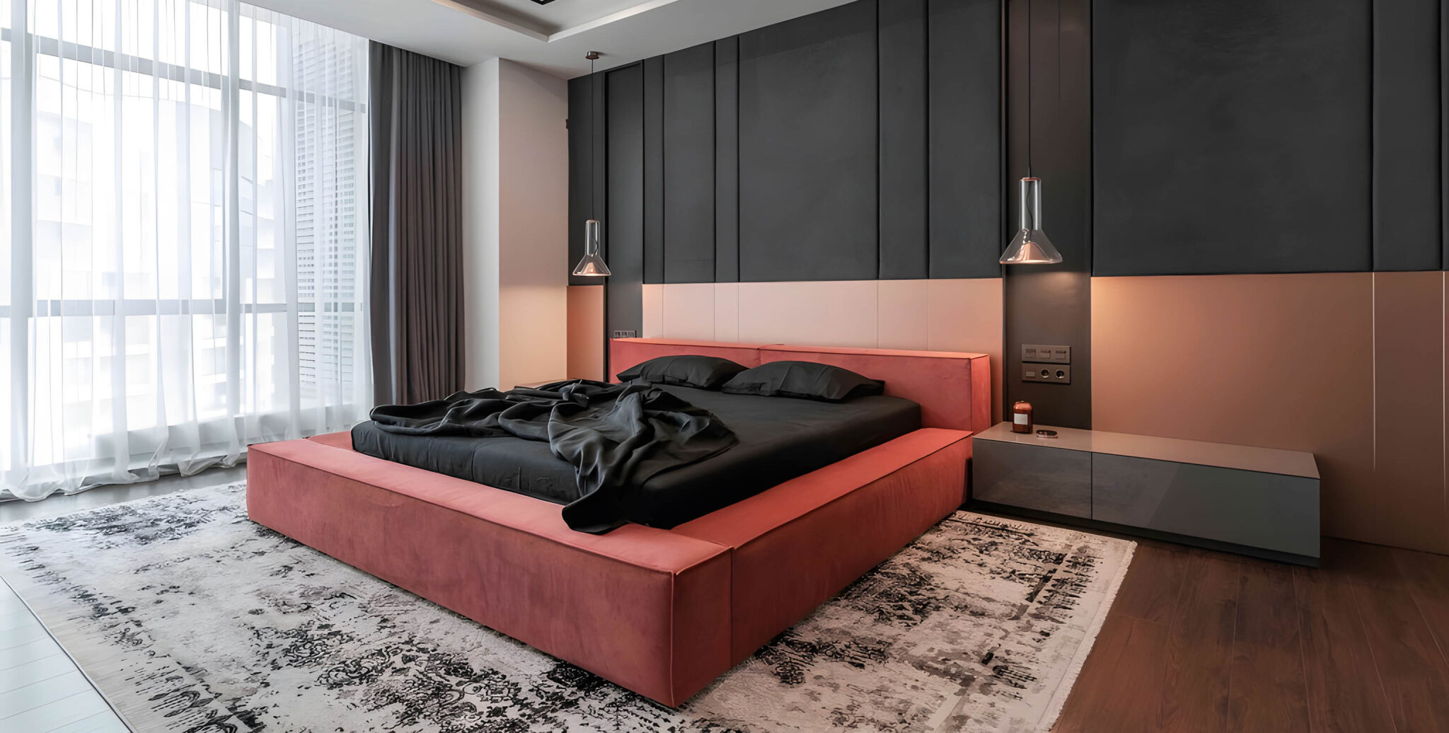 Luxurious bedroom with a grand pink bed, black bedding, Brokis Whistle Small pendants, and floor-to-ceiling windows.