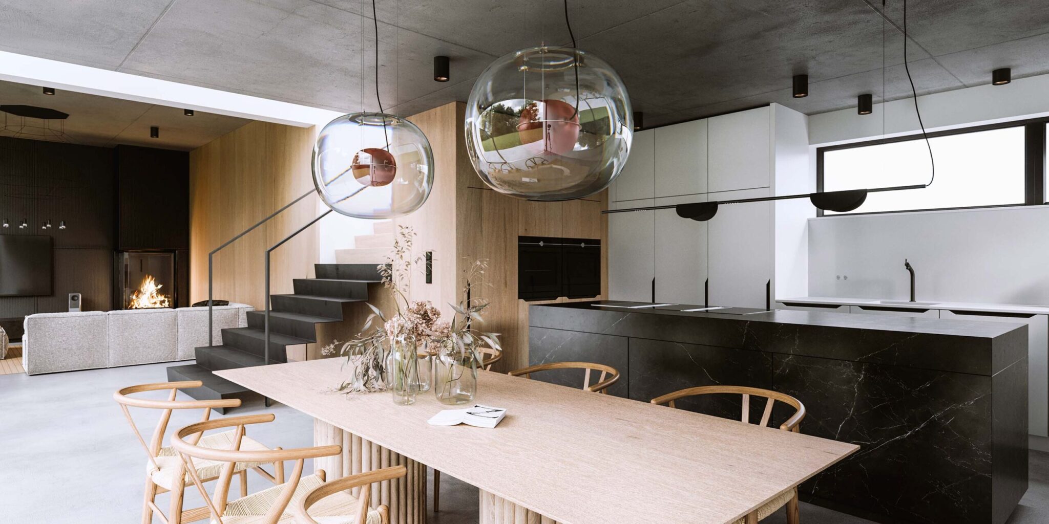 Sophisticated open kitchen with minimalist décor, Big One Large pendants, black marble island, and elegant dining area.