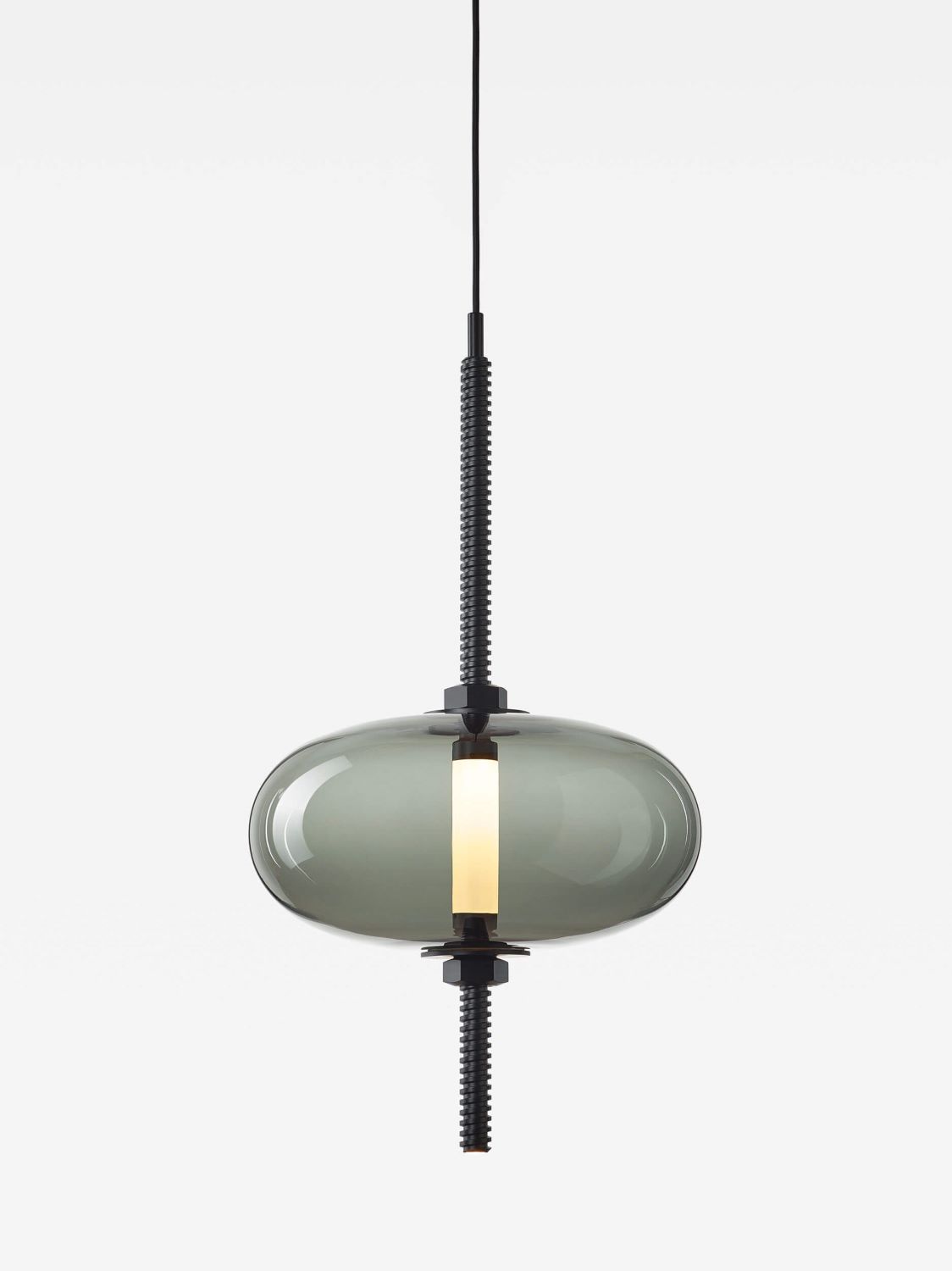 Brokis Under Pressure Vertical Most pendant features a handblown smoke grey glass oval shade and ribbed black rods.