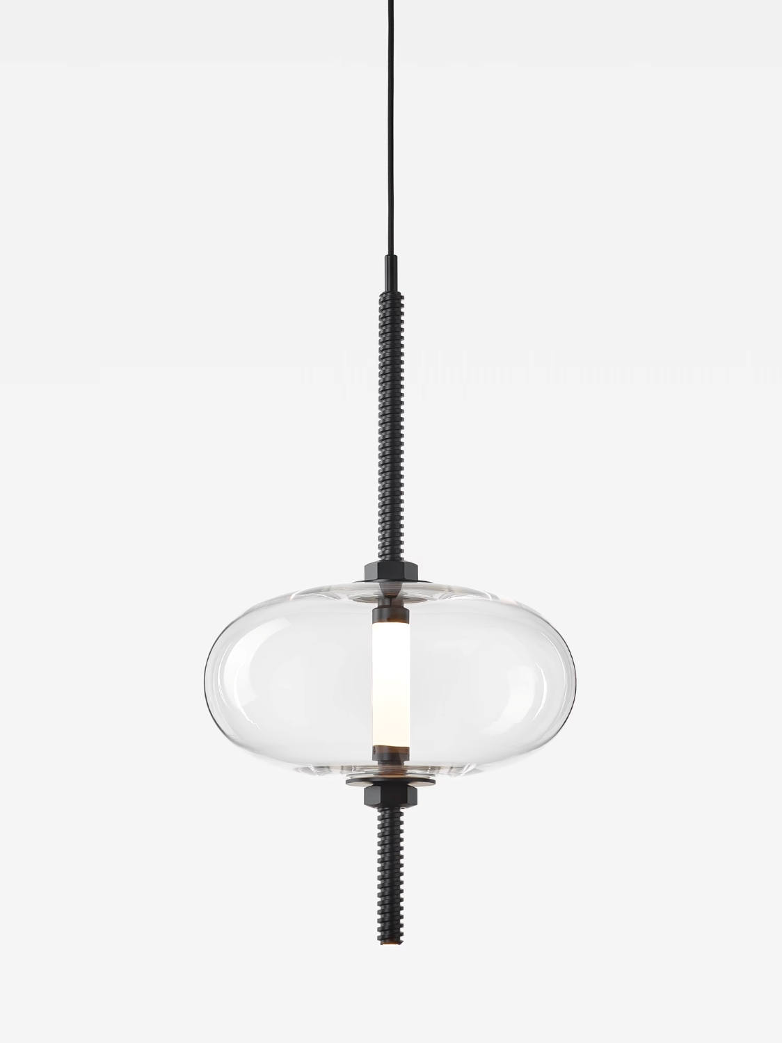 Brokis Under Pressure Vertical Most Pendant showcases an LED in a sculptural clear glass shade, luxe finish.