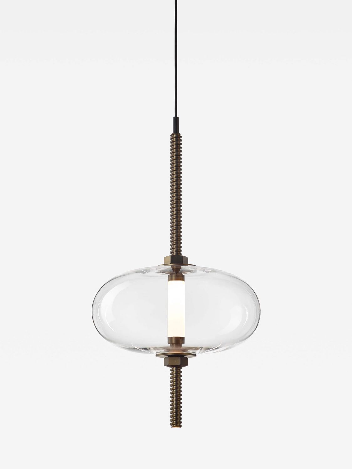 Brokis Under Pressure Vertical Most featuring hand-blown glass, a brass rod accent, and LED suspended by a slim black cord.