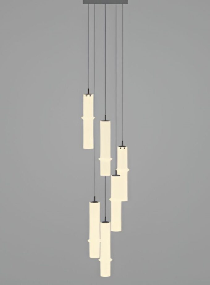 Brokis Bamboo Forest C6C chandelier: seven handblown, candle-like cylinders cascade elegantly, casting a warm, sculptural glow.