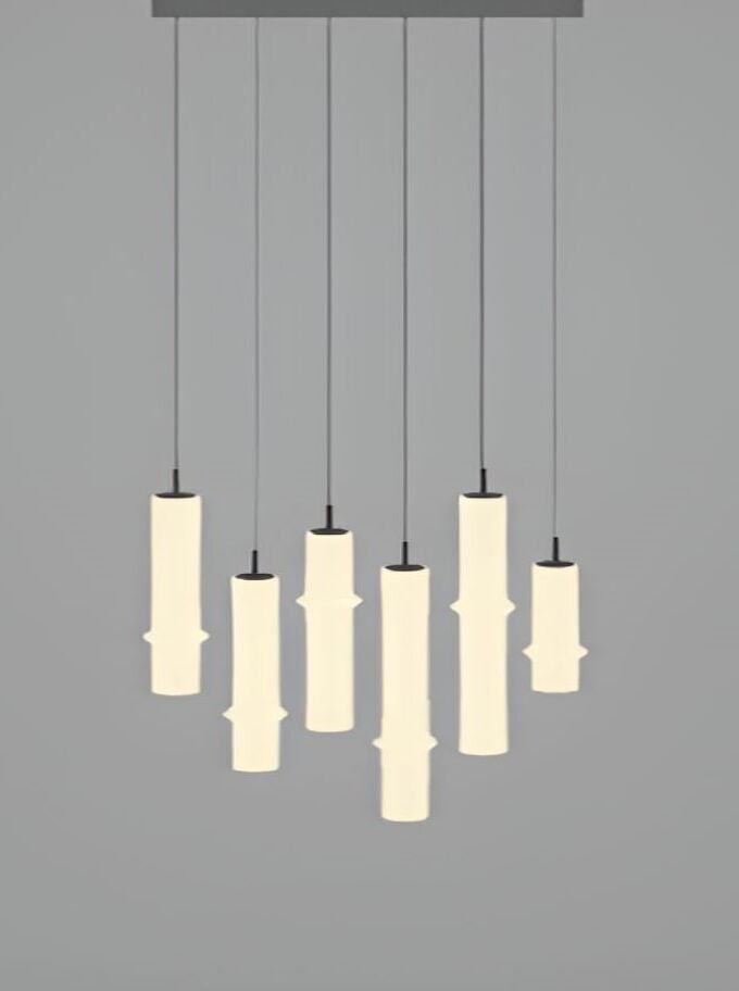 The Bamboo Forest R6A by Brokis features seven handblown frosted glass pendants, artfully suspended at varied heights.