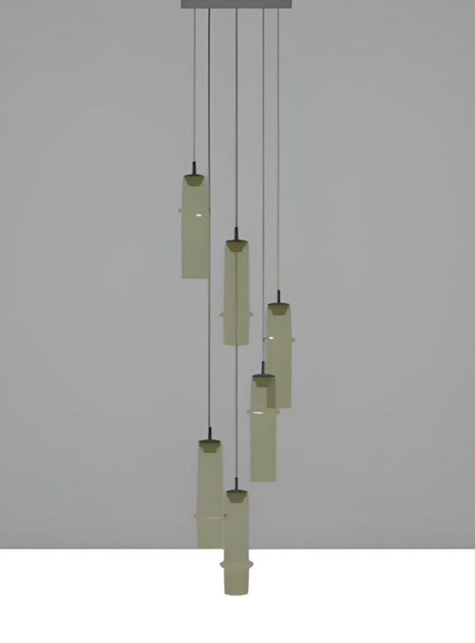 Brokis Bamboo Forest C6B pendant: seven handblown, sculptural lights in muted hues, elegantly staggered against a grey wall.