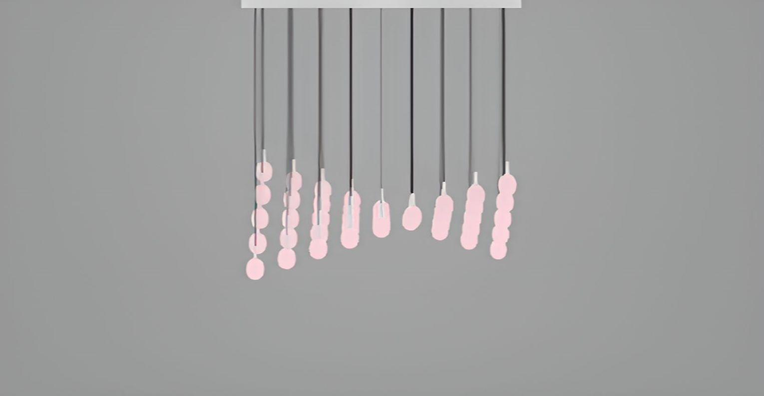 The Bamboo Forest C6C minimalist mobile showcases ten sculptural black rods with pink ovals, suspended from a sleek white base.