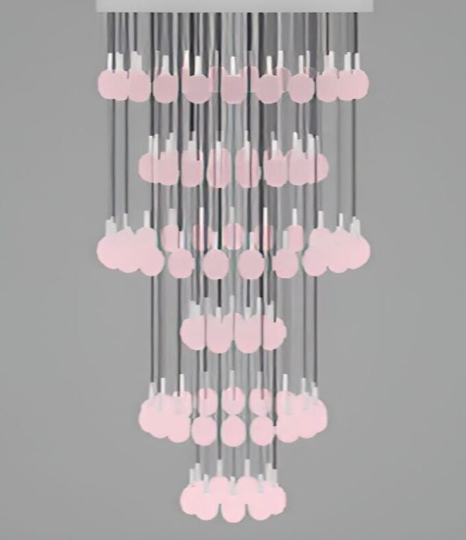 The Brokis Ivy Single C100A chandelier showcases five tiers of sculptural pink glass, cascading elegantly from slender wires.