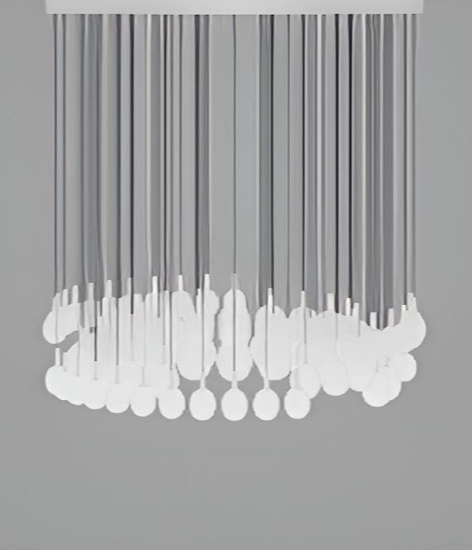 The Ivy Single C86A by Brokis: a sculptural modern chandelier with hand-blown teardrop lights and slender wires, on grey backdrop.