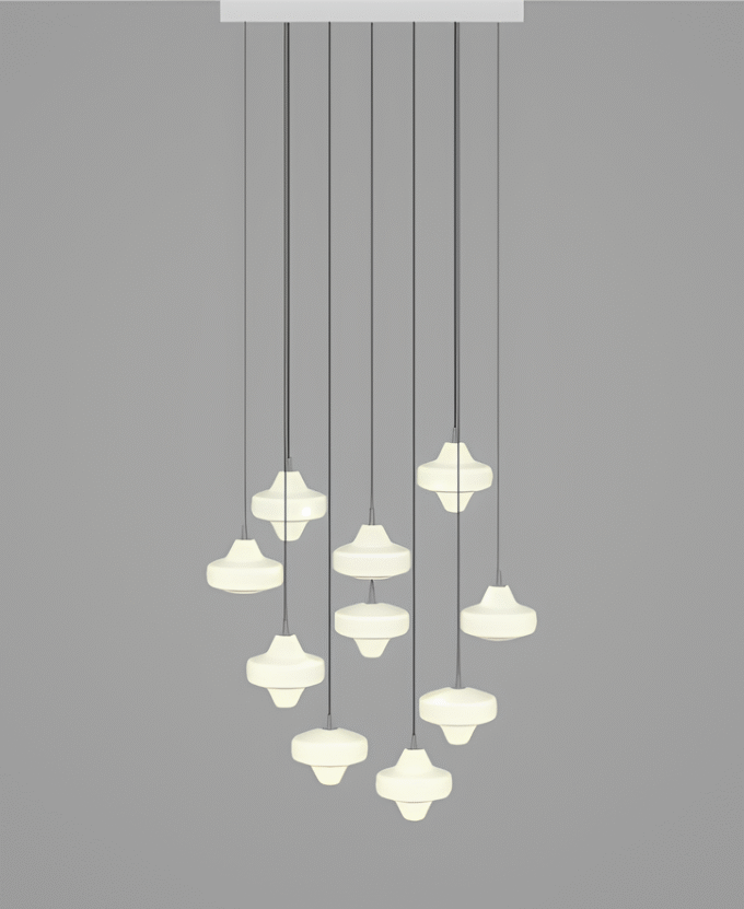 Brokis Starcloud S10A chandelier with twelve hand-blown, layered white shades suspended symmetrically by black cords.