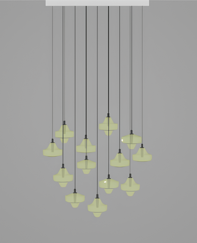 The Brokis Starcloud S13A chandelier features sixteen hand-blown pale yellow pendants on black cords in a sculptural cluster.