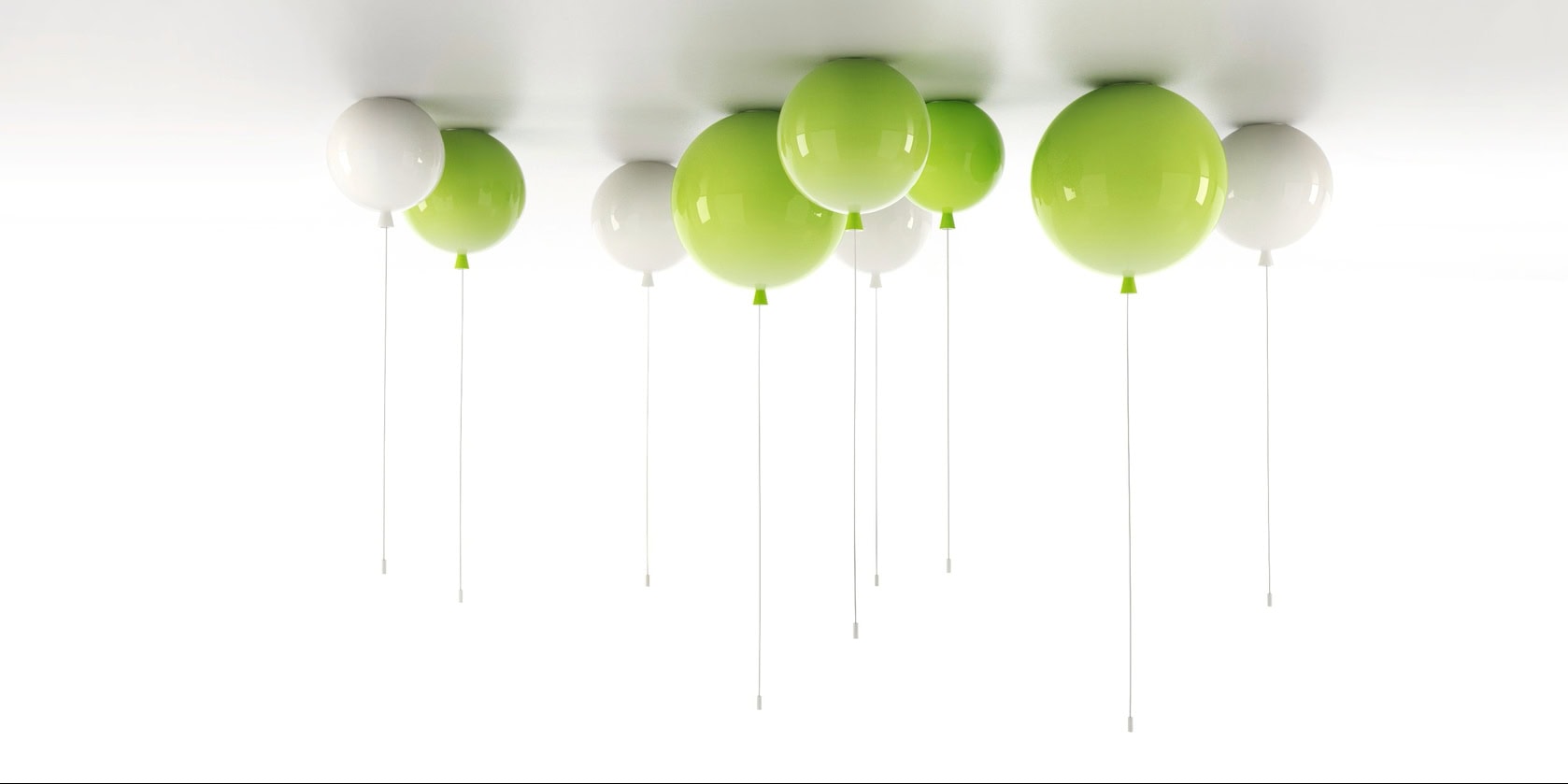 Glossy green and white Brokis Memory lights with strings on a white ceiling, creating a minimal, and modern ambience.