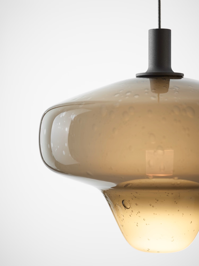 Brokis Starcloud Vega Pendant, handblown grey opaline glass with delicate bubbles, casts a soft glow from a dark flex.