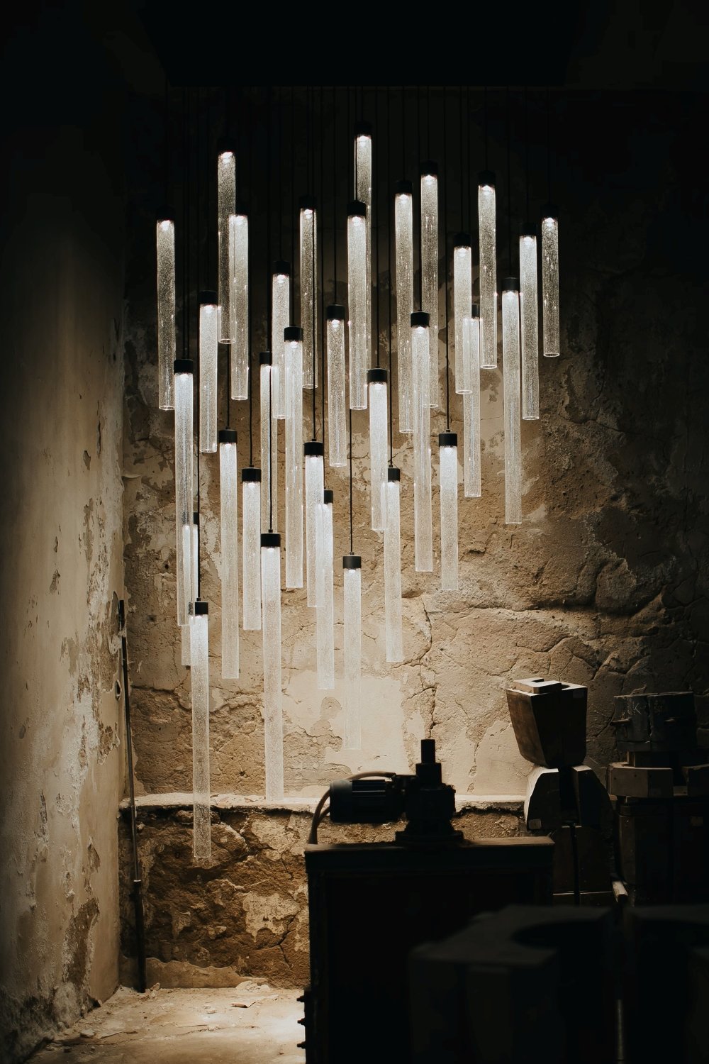 Brokis Comet Round pendants of varying lengths glow against a textured stone wall in a dim, rustic, industrial room.