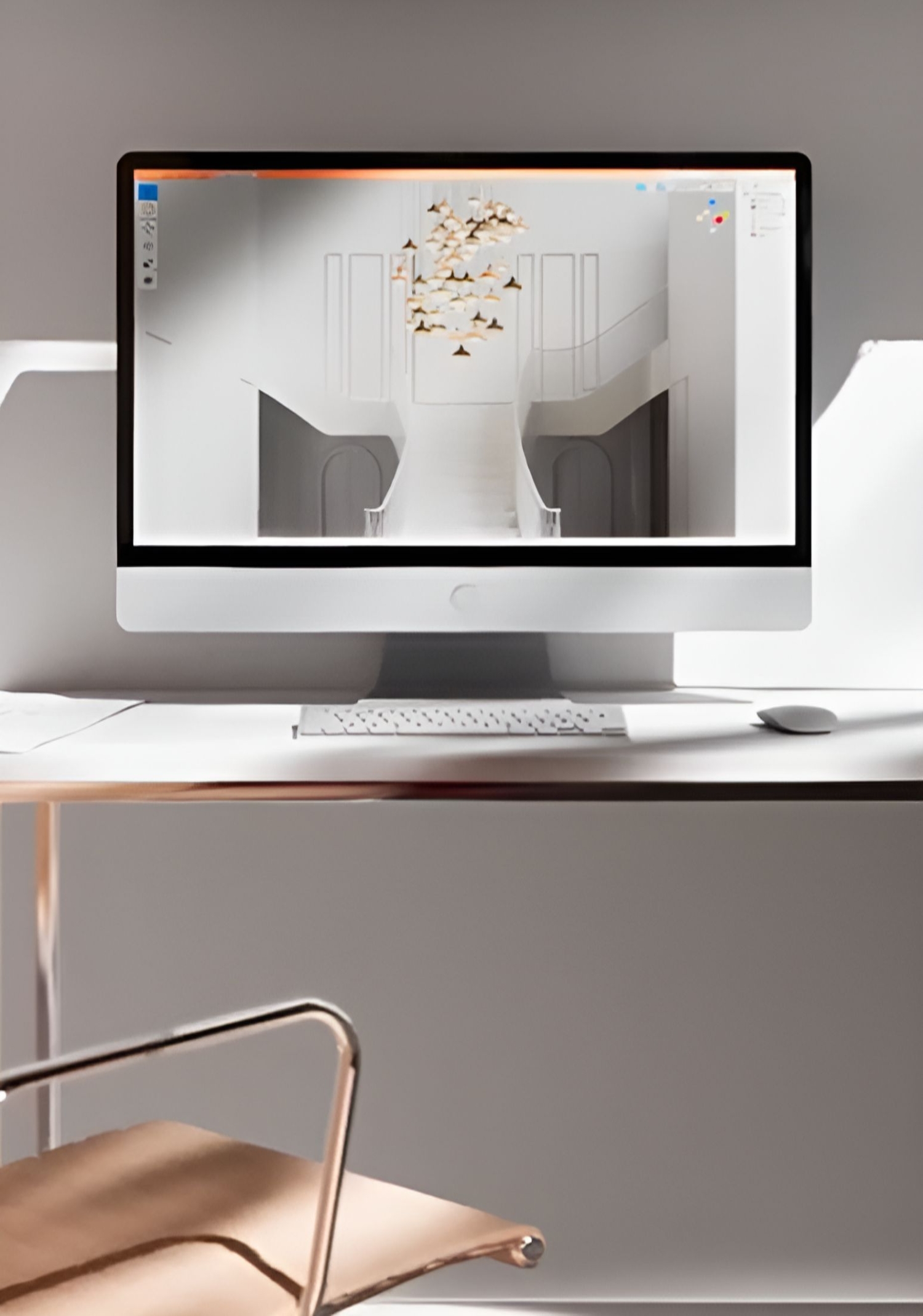 A sleek computer on a white desk showcases Brokis configurator above a chic tan chair.