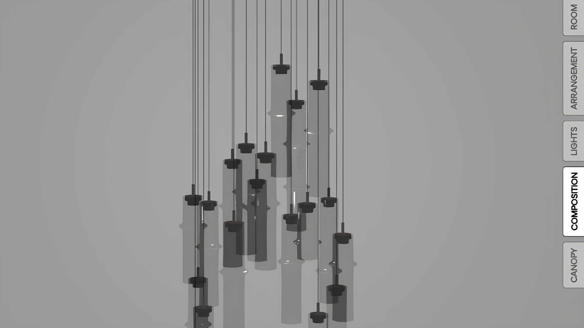 Brokis Bamboo Forest pendants in sculptural cylinders float at varied heights, in an online configurator.